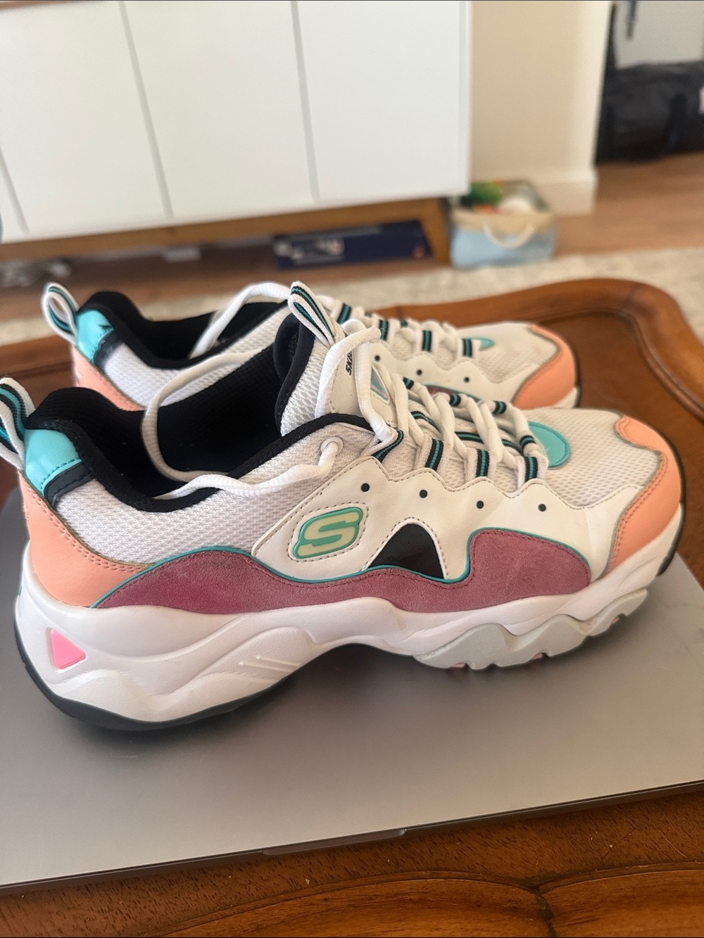 Skechers Women's White Pink Teal Chunky Casual Sneakers